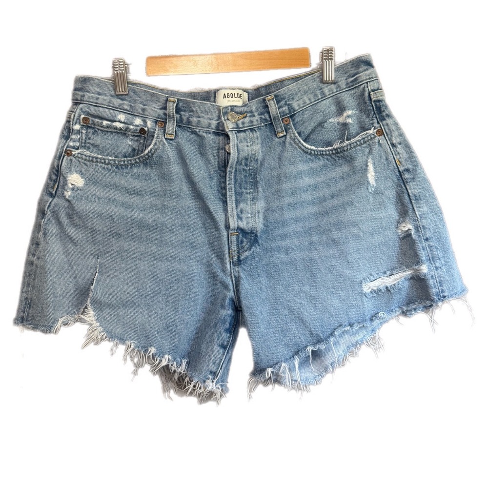 AGOLDE Parker Long Denim Shorts Women 30 Blue Excellent Distressed Raw Hem